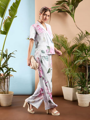 White Floral Shawl Collar Top With Pants-SASSAFRAS