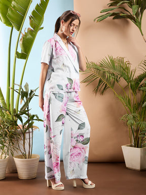 White Floral Shawl Collar Top With Pants-SASSAFRAS