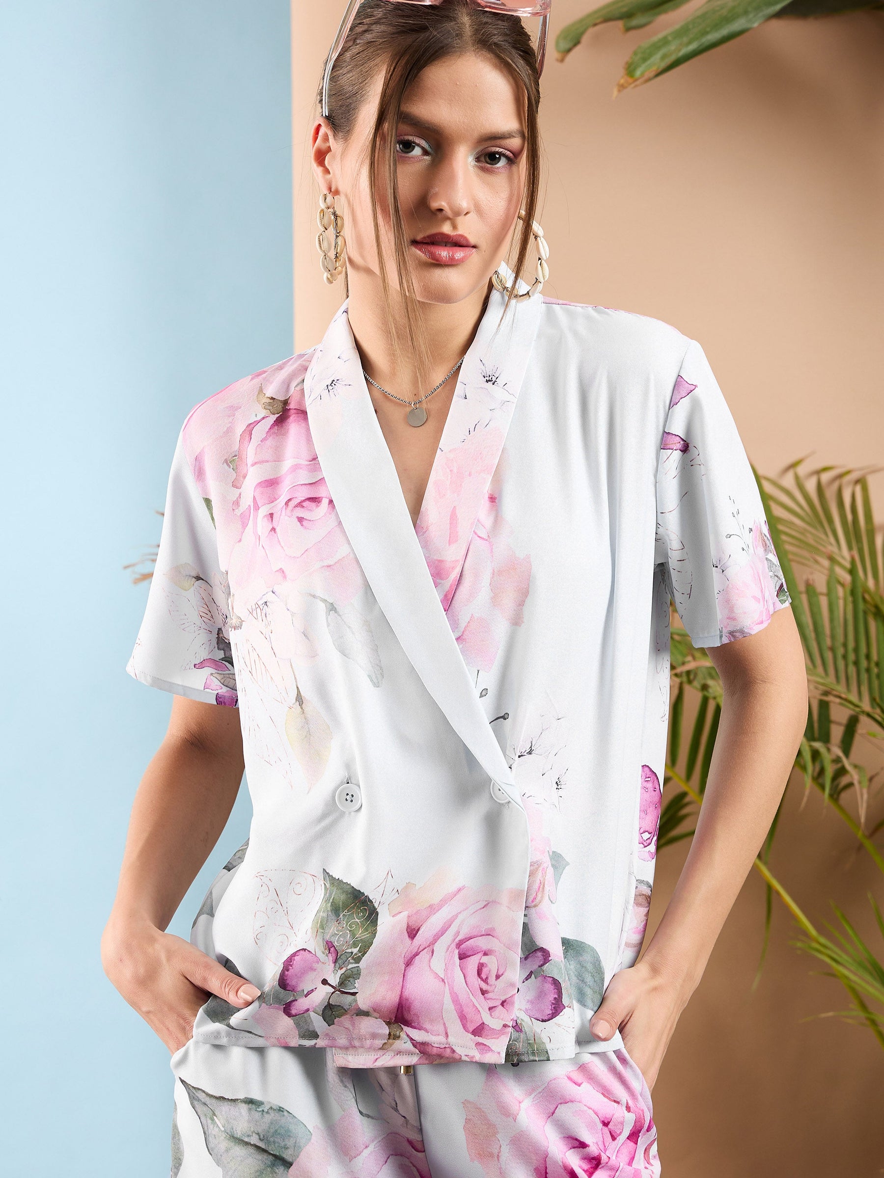 White Floral Shawl Collar Top With Pants-SASSAFRAS