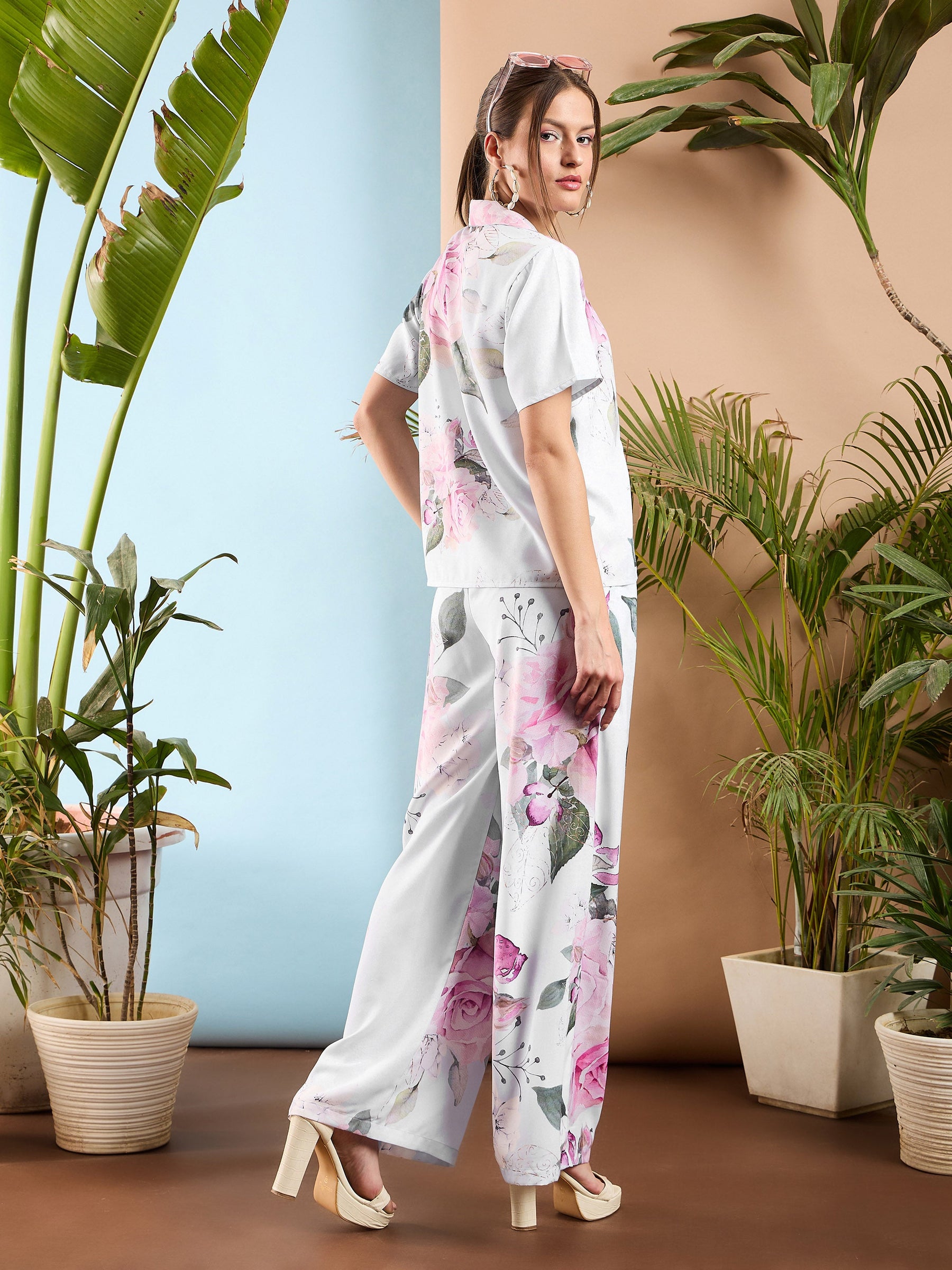 White Floral Shawl Collar Top With Pants-SASSAFRAS