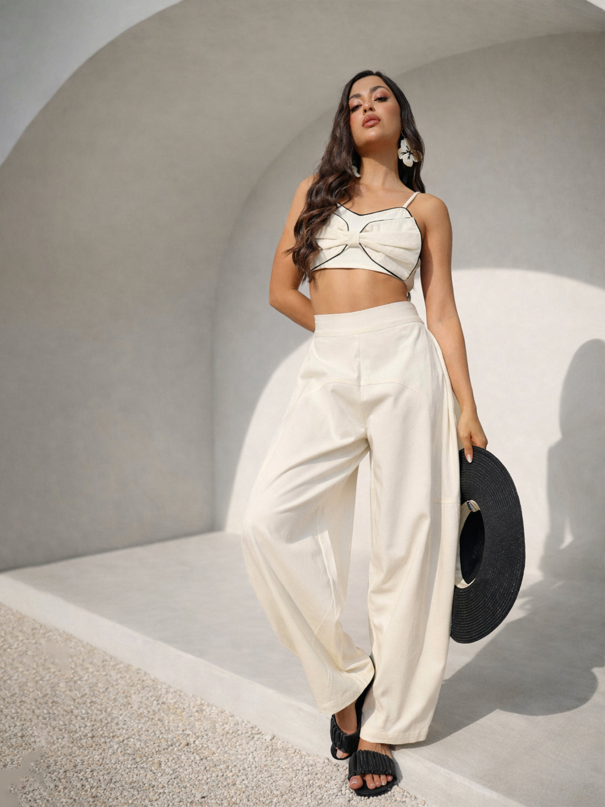 White Twill Front Bow Strappy Top With Balloon Pants -Pink Paprika by SASSAFRAS