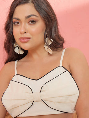 Women White Twill Front Bow Strappy Top With Balloon Pants