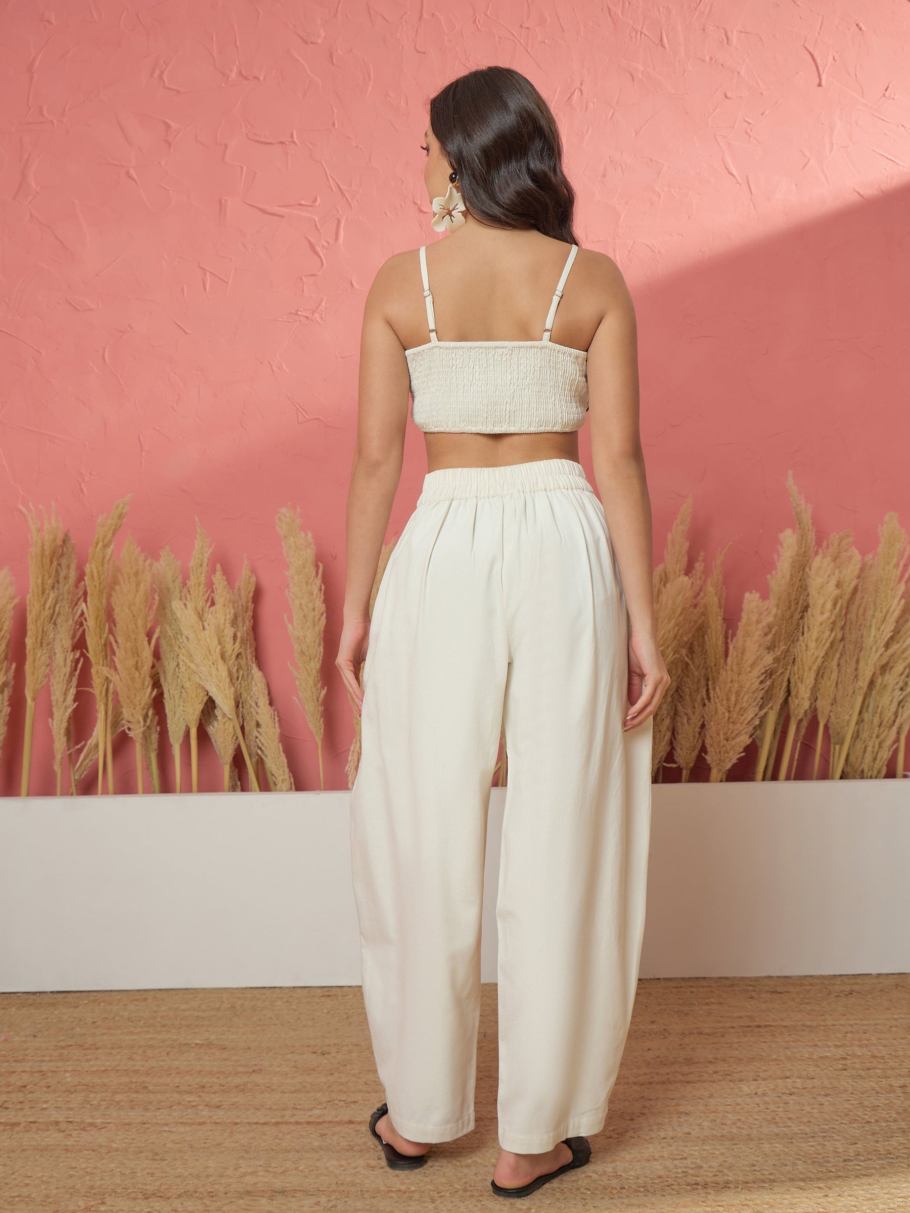 Women White Twill Front Bow Strappy Top With Balloon Pants