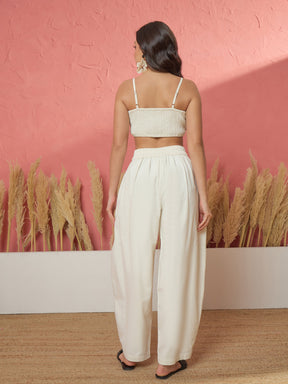 Women White Twill Front Bow Strappy Top With Balloon Pants