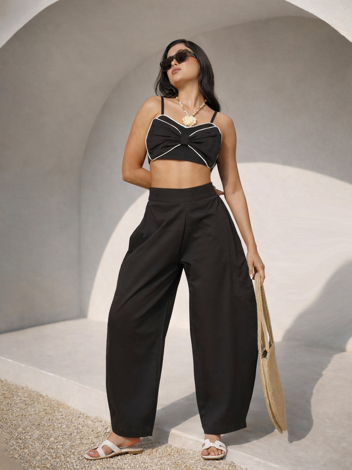 Black Twill Front Bow Strappy Top With Balloon Pants -Pink Paprika by SASSAFRAS