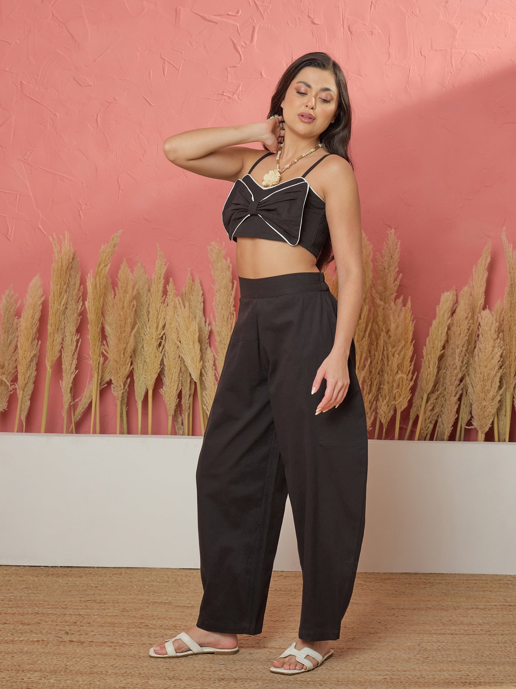 Black Twill Front Bow Strappy Top With Balloon Pants -Pink Paprika by SASSAFRAS