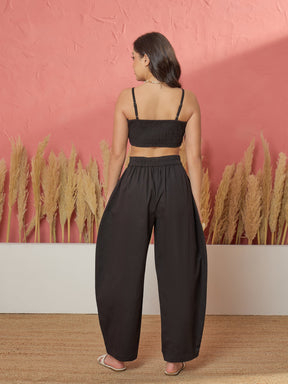 Women Black Twill Front Bow Strappy Top With Balloon Pants