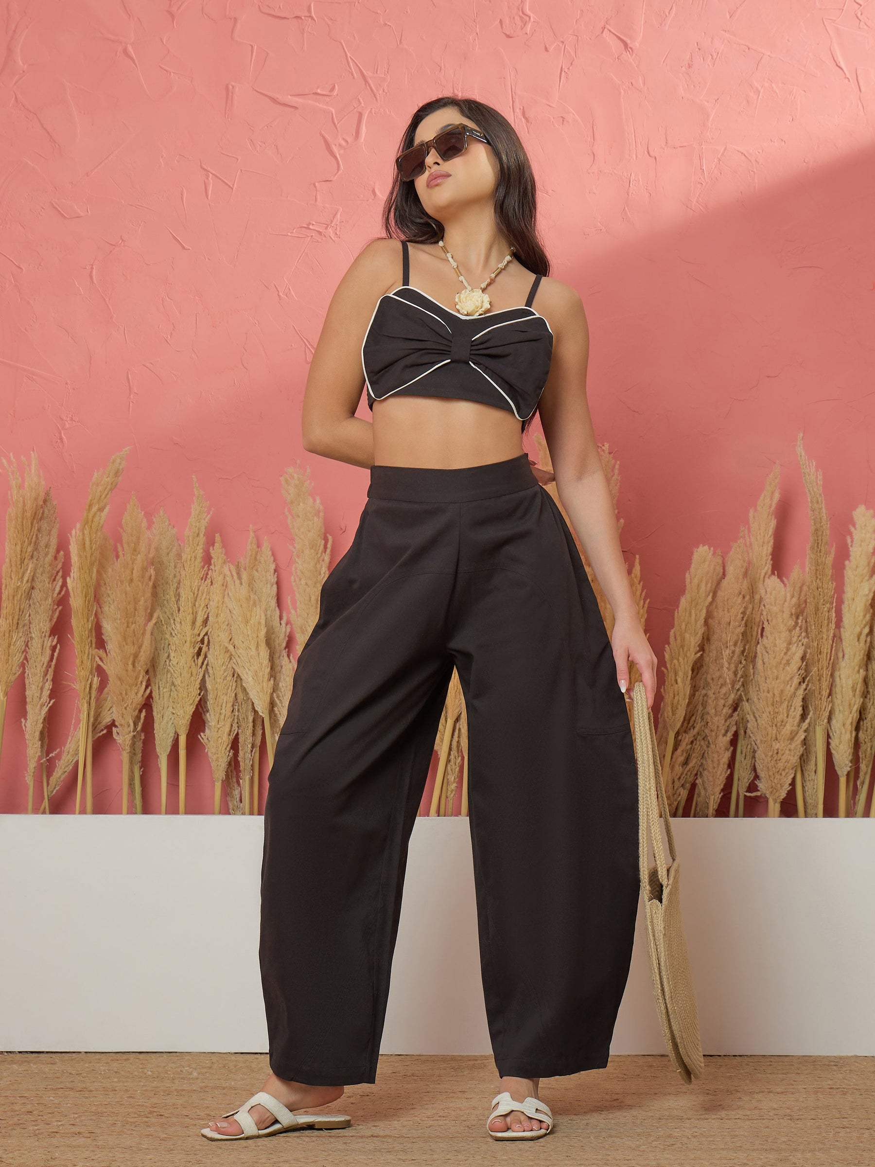 Women Black Twill Front Bow Strappy Top With Balloon Pants