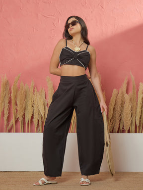Women Black Twill Front Bow Strappy Top With Balloon Pants