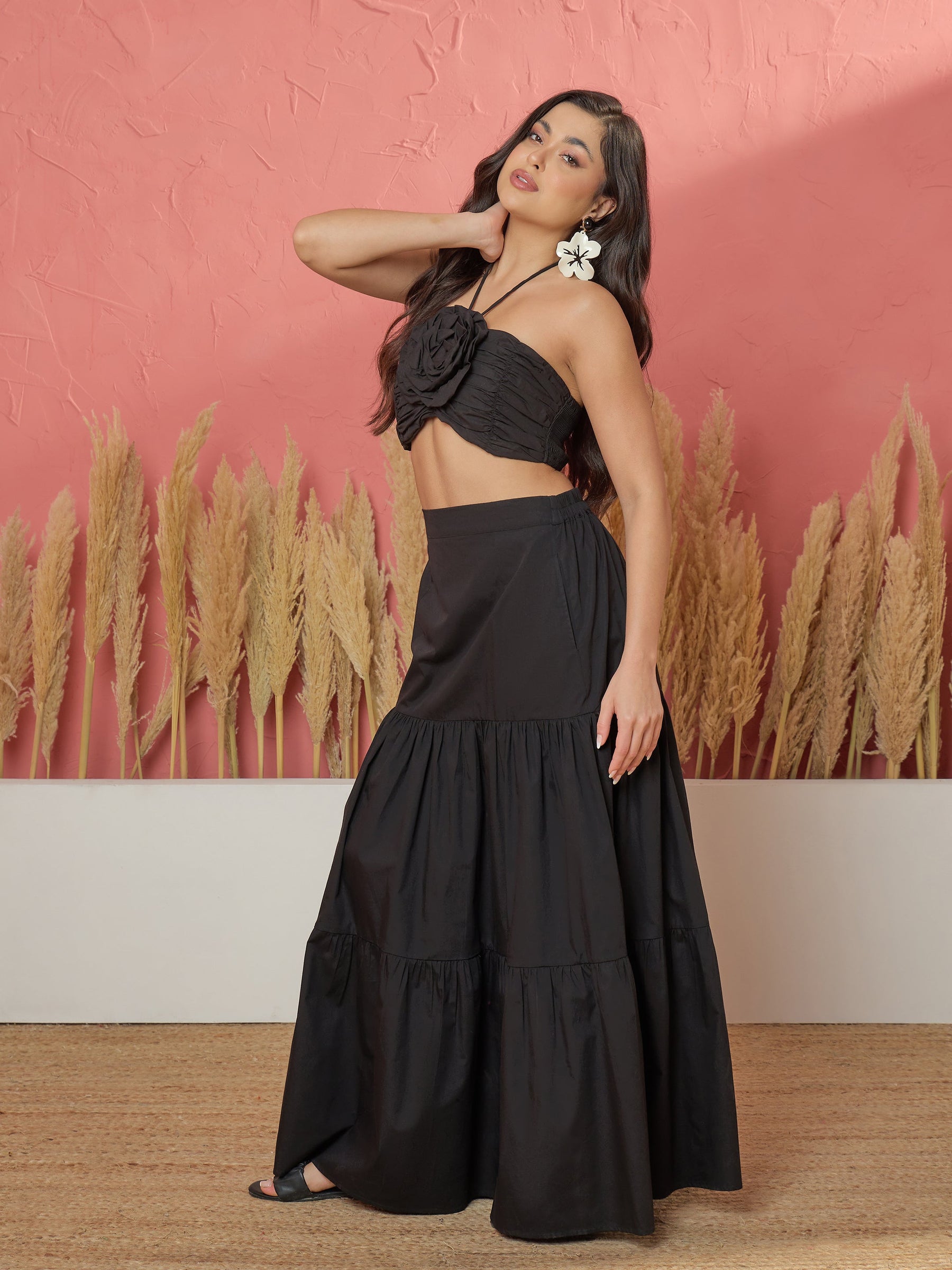 Black Front Corsage Tube Top With Tiered Skirt-Pink Paprika by SASSAFRAS