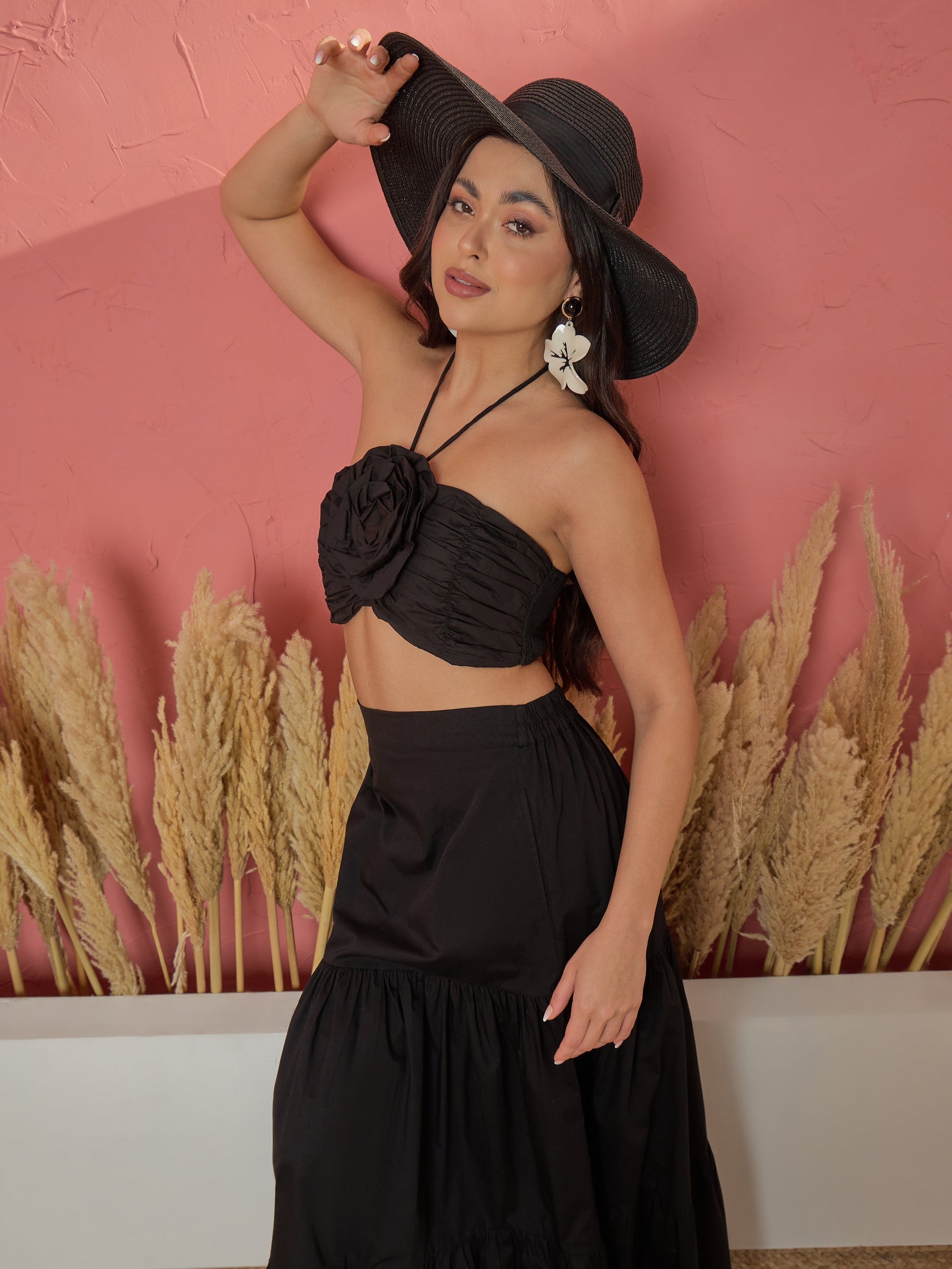 Women Black Front Corsage Tube Top With Tiered Skirt