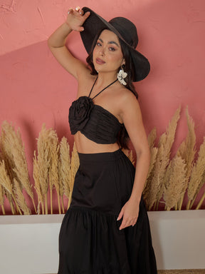 Women Black Front Corsage Tube Top With Tiered Skirt