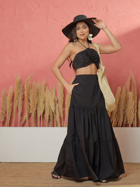 Women Black Front Corsage Tube Top With Tiered Skirt