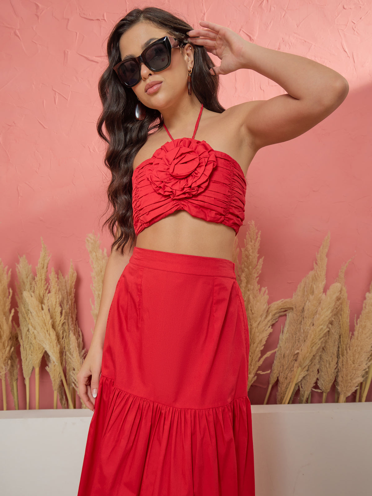 Red Front Corsage Tube Top With Tiered Skirt-Pink Paprika by SASSAFRAS