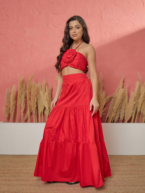 Red Front Corsage Tube Top With Tiered Skirt-Pink Paprika by SASSAFRAS