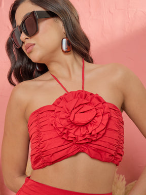 Women Red Front Corsage Tube Top With Tiered Skirt