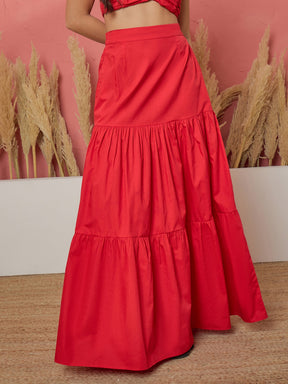 Women Red Front Corsage Tube Top With Tiered Skirt
