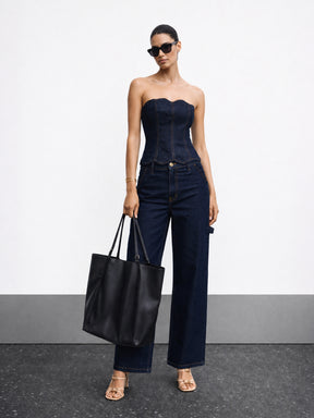 Blue Denim Tube Top With Mom Fit Jeans-SASSAFRAS