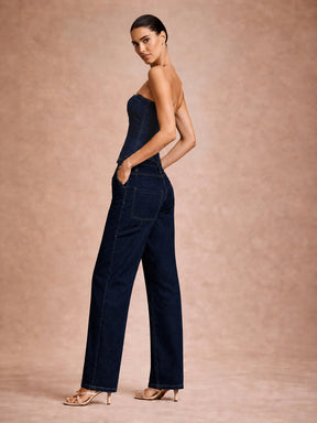 Blue Denim Tube Top With Mom Fit Jeans-SASSAFRAS