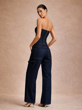 Blue Denim Tube Top With Mom Fit Jeans-SASSAFRAS