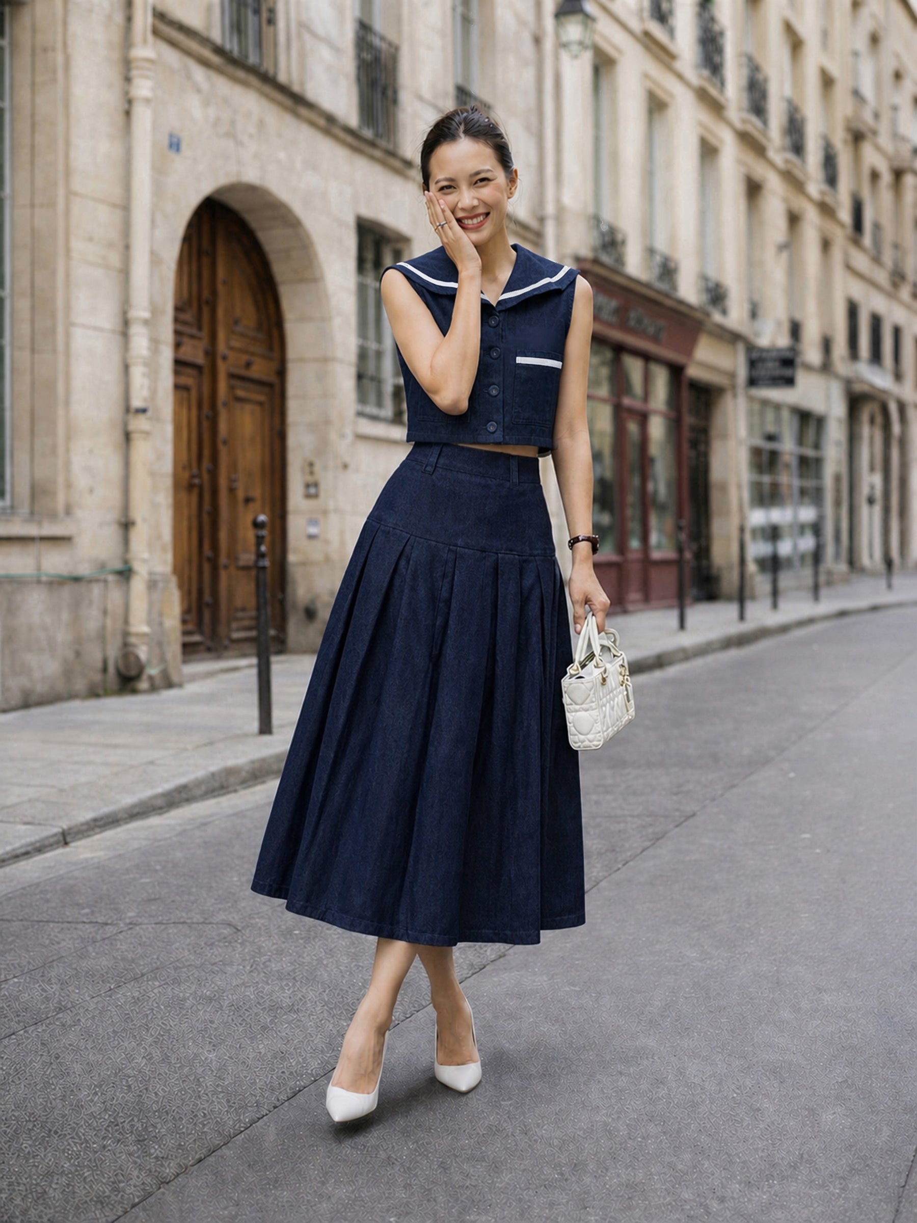 Navy Denim Peter Pan Top With Flared Skirt-SASSAFRAS