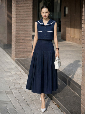 Navy Denim Peter Pan Top With Flared Skirt-SASSAFRAS