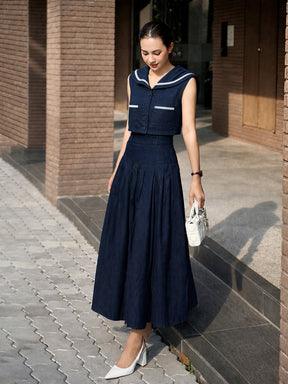 Navy Denim Peter Pan Top With Flared Skirt-SASSAFRAS