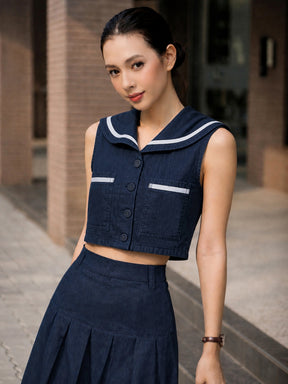 Navy Denim Peter Pan Top With Flared Skirt-SASSAFRAS