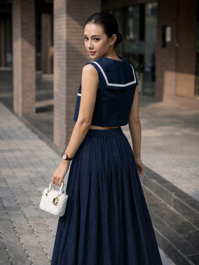 Navy Denim Peter Pan Top With Flared Skirt-SASSAFRAS