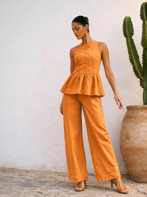 Rust Schiffli Sleeveless Peplum Top With Straight Pants-SASSAFRAS