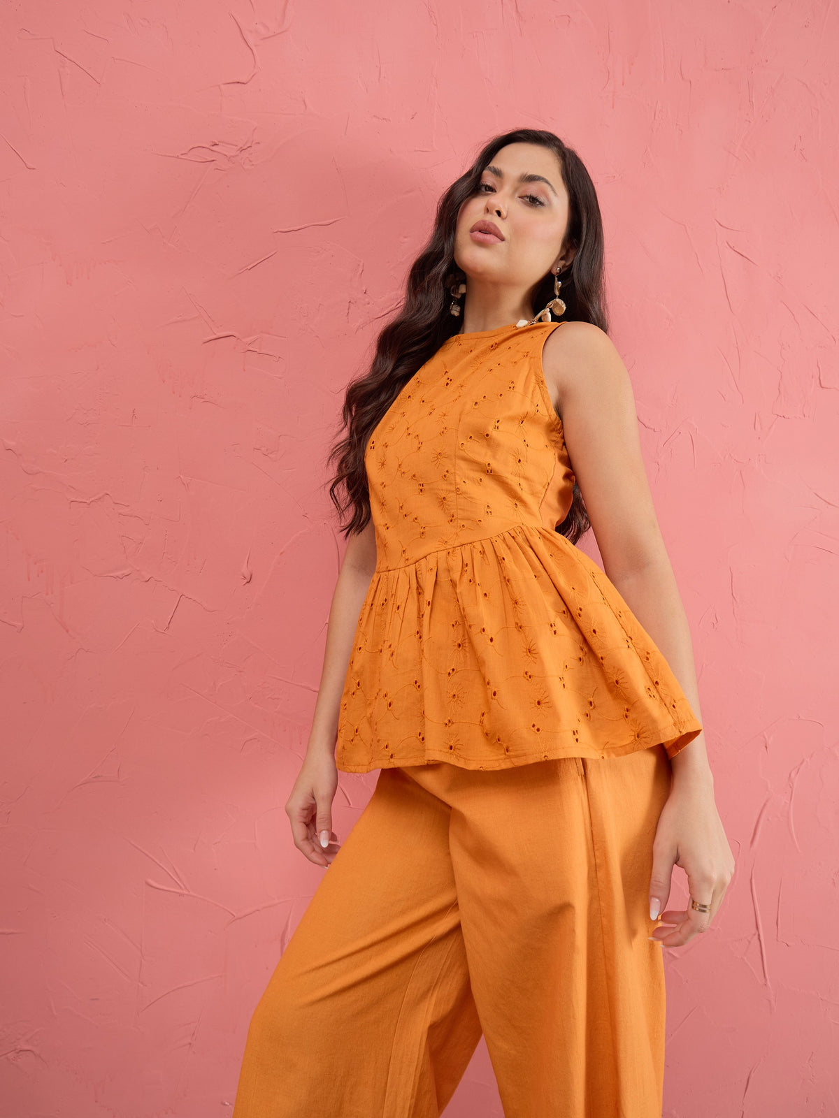 Rust Schiffli Sleeveless Peplum Top With Straight Pants-SASSAFRAS