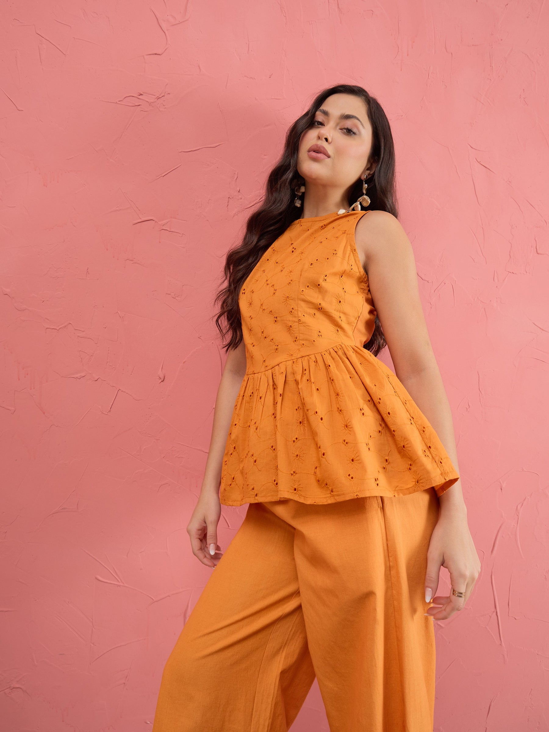 Rust Schiffli Sleeveless Peplum Top With Straight Pants-SASSAFRAS