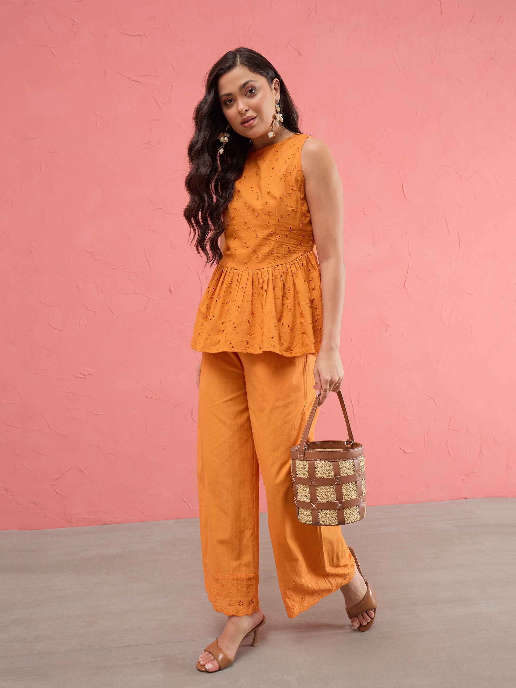 Rust Schiffli Sleeveless Peplum Top With Straight Pants-SASSAFRAS