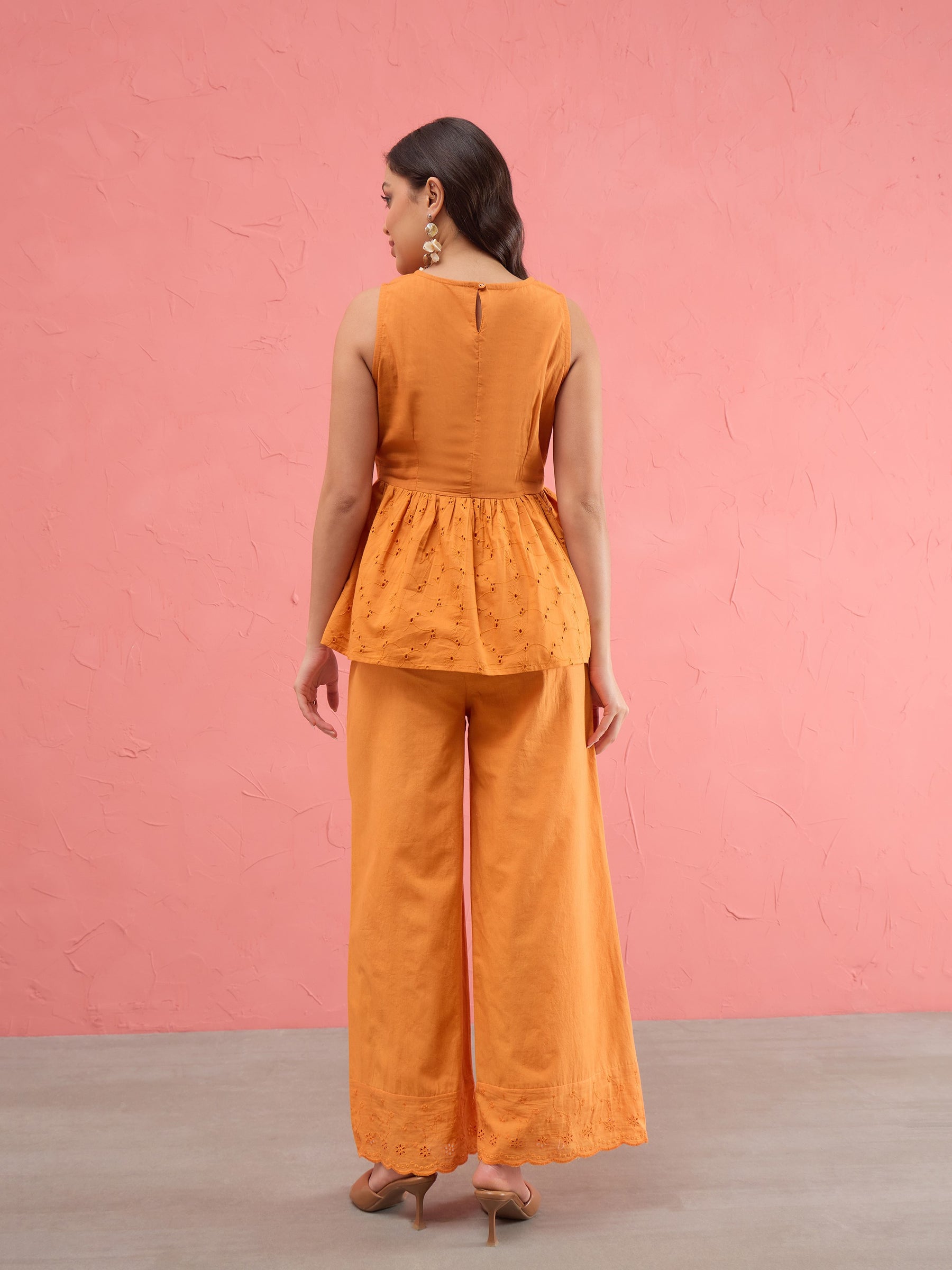 Rust Schiffli Sleeveless Peplum Top With Straight Pants-SASSAFRAS