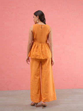 Rust Schiffli Sleeveless Peplum Top With Straight Pants-SASSAFRAS