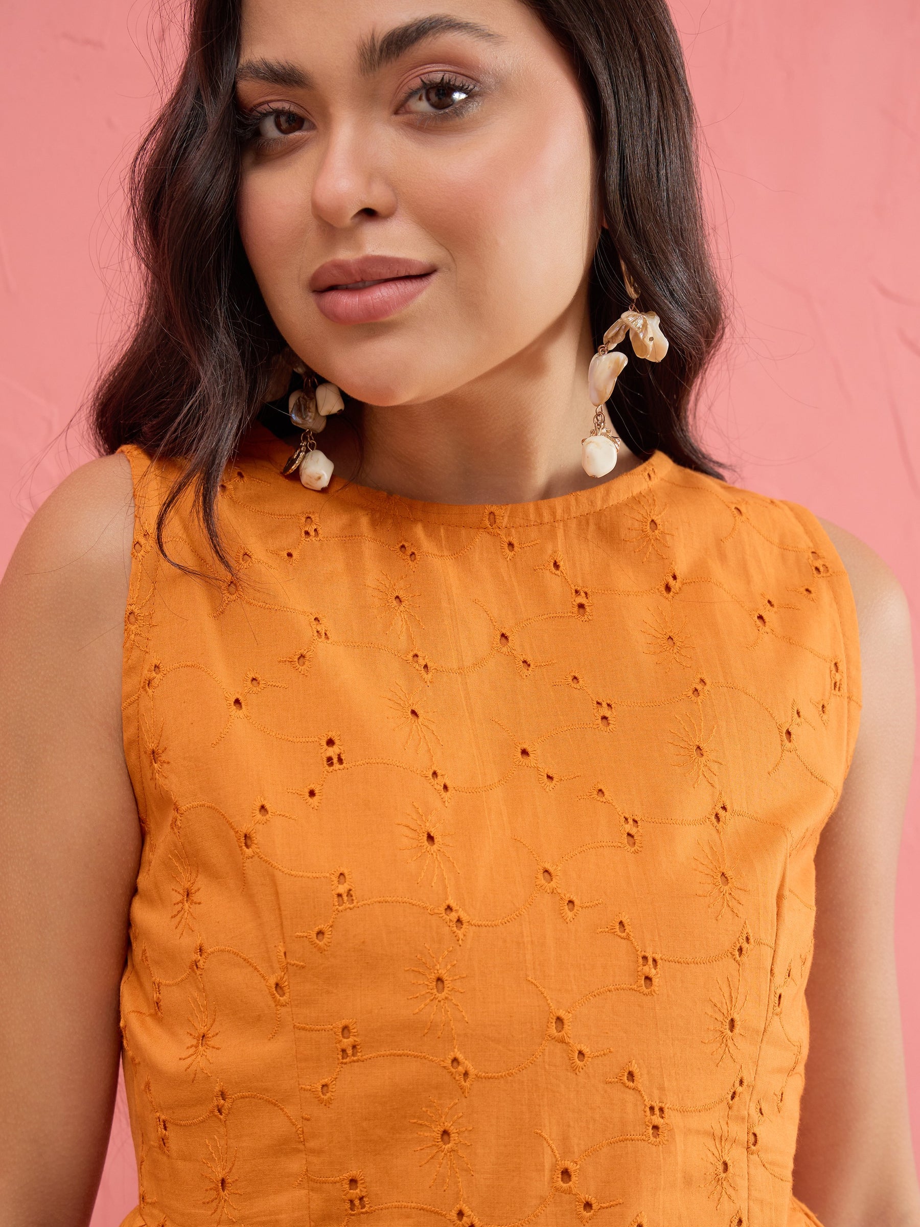 Rust Schiffli Sleeveless Peplum Top With Straight Pants-SASSAFRAS