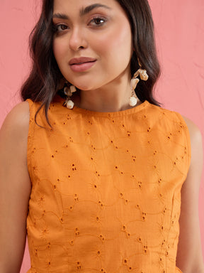 Rust Schiffli Sleeveless Peplum Top With Straight Pants-SASSAFRAS