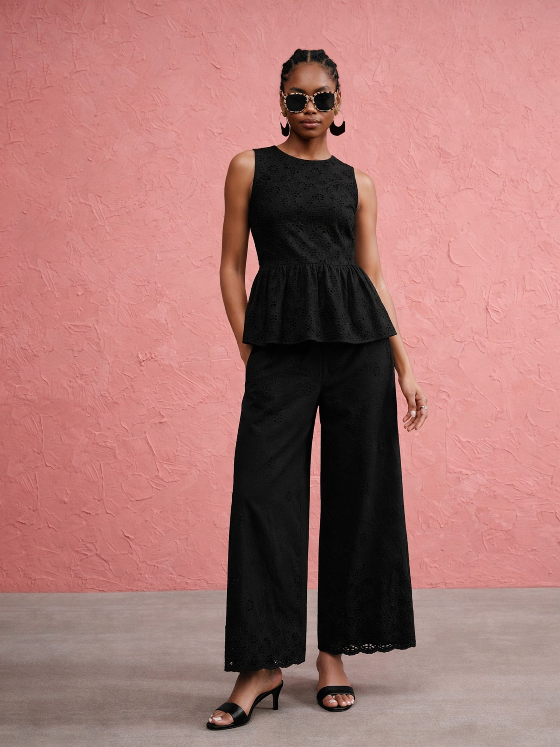 Black Schiffli Sleeveless Peplum Top With Straight Pants-SASSAFRAS