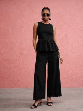 Black Schiffli Sleeveless Peplum Top With Straight Pants-SASSAFRAS