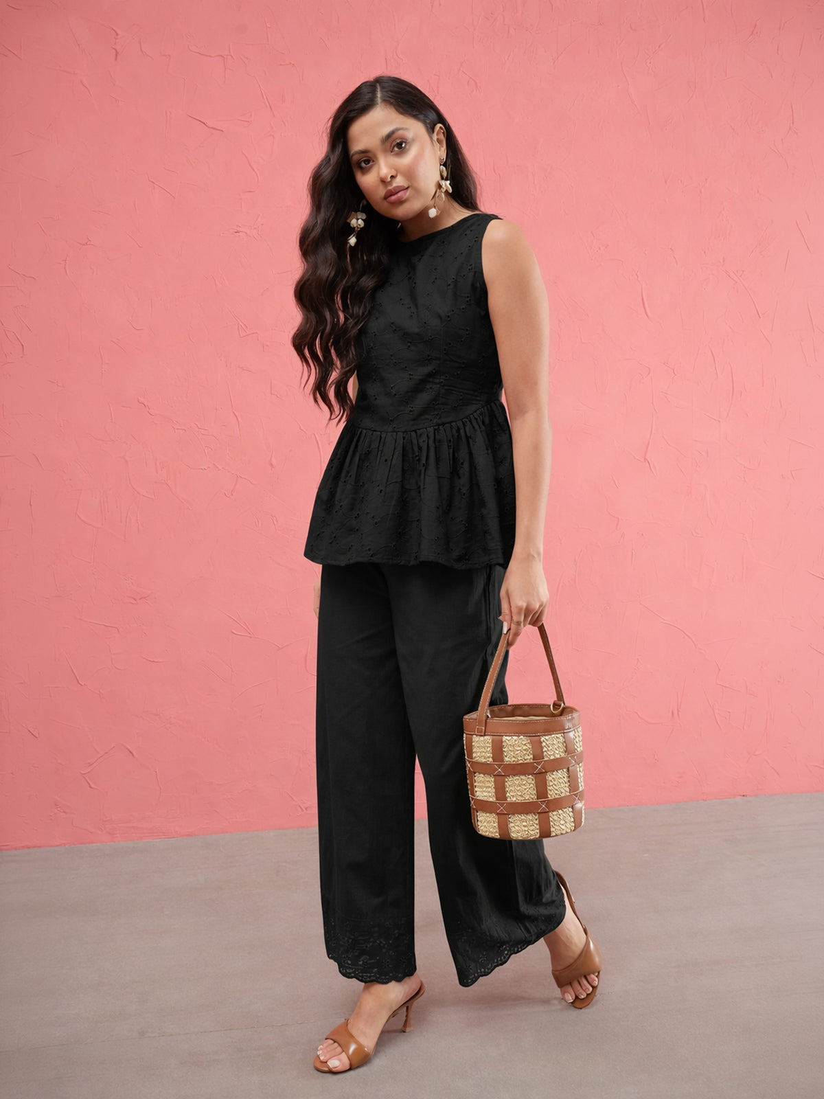 Black Schiffli Sleeveless Peplum Top With Straight Pants-SASSAFRAS