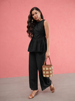 Black Schiffli Sleeveless Peplum Top With Straight Pants-SASSAFRAS