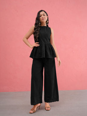 Black Schiffli Sleeveless Peplum Top With Straight Pants-SASSAFRAS