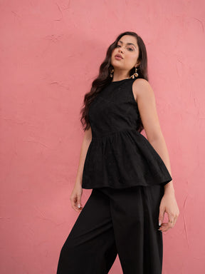 Black Schiffli Sleeveless Peplum Top With Straight Pants-SASSAFRAS