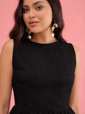 Black Schiffli Sleeveless Peplum Top With Straight Pants-SASSAFRAS