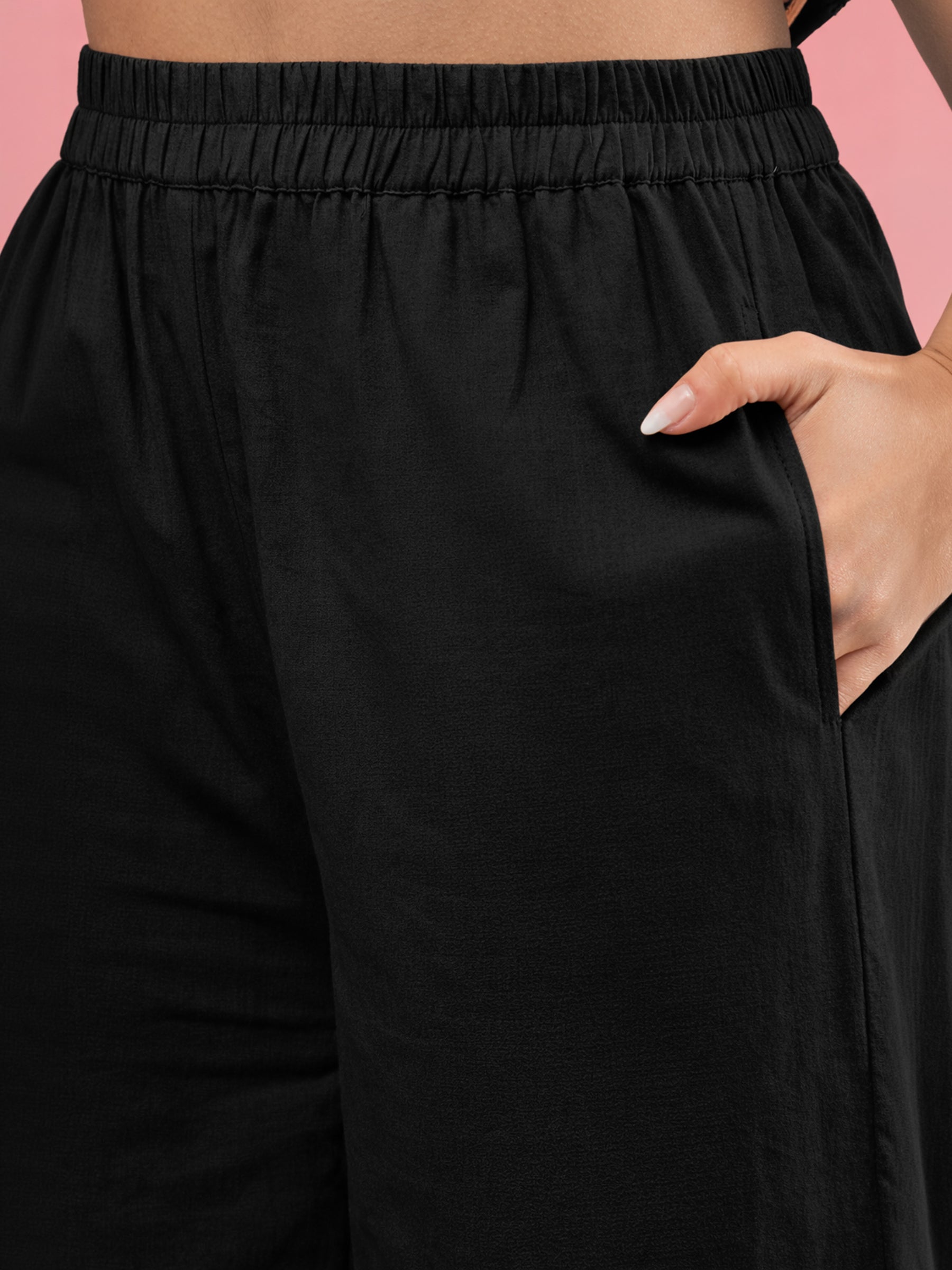 Women Black Schiffli Sleeveless Peplum Top With Straight Pants