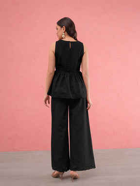 Women Black Schiffli Sleeveless Peplum Top With Straight Pants
