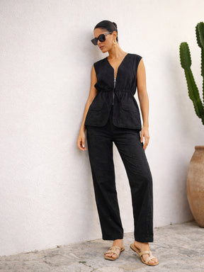 Black Schiffli Front Zipper Top With Straight Pants-SASSAFRAS