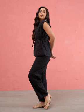 Black Schiffli Front Zipper Top With Straight Pants-SASSAFRAS