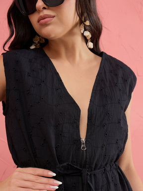 Black Schiffli Front Zipper Top With Straight Pants-SASSAFRAS