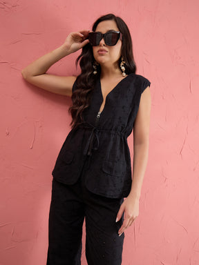 Women Black Schiffli Front Zipper Top With Straight Pants